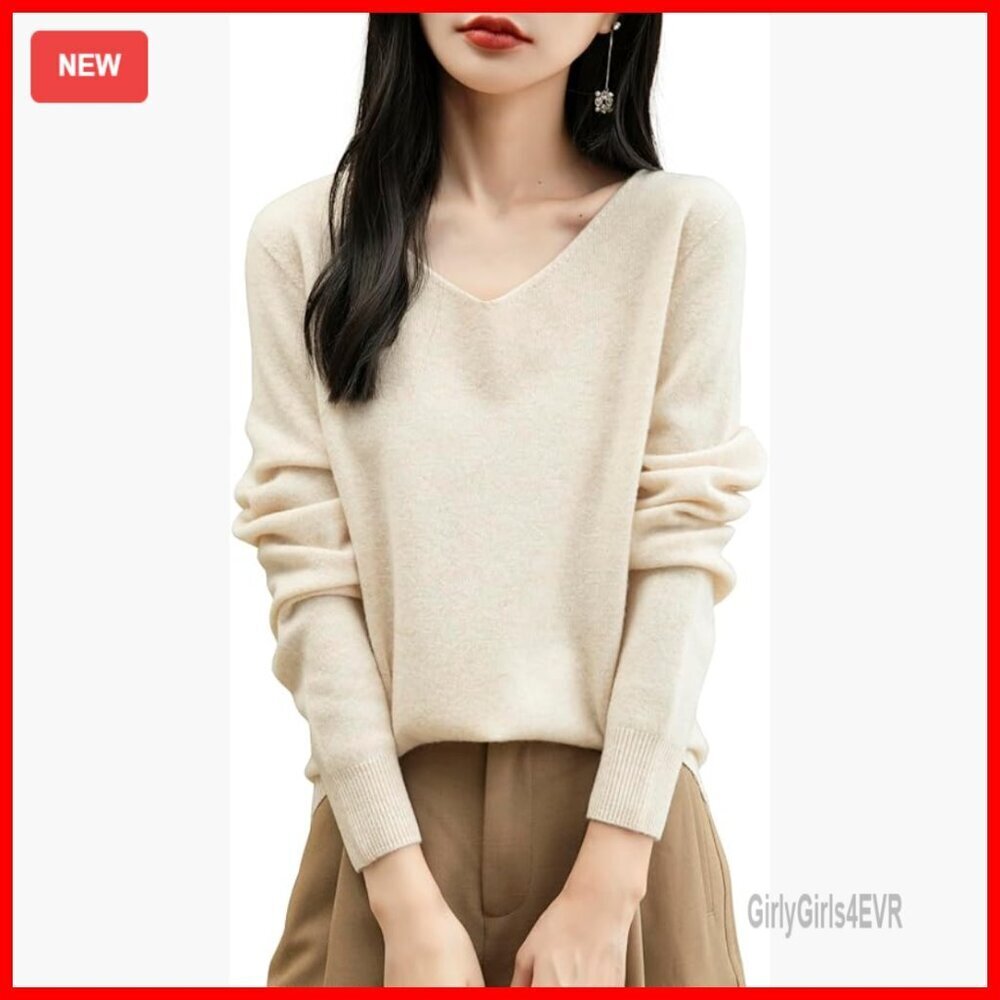 100% Merino Wool V-Neck Sweater Seamless Knit Long Sleeve Pullover